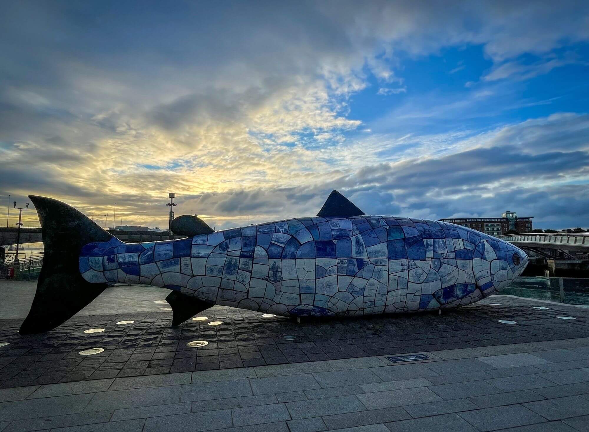 Belfast, centrum, bulwary, rzeka, ryba, pomnik